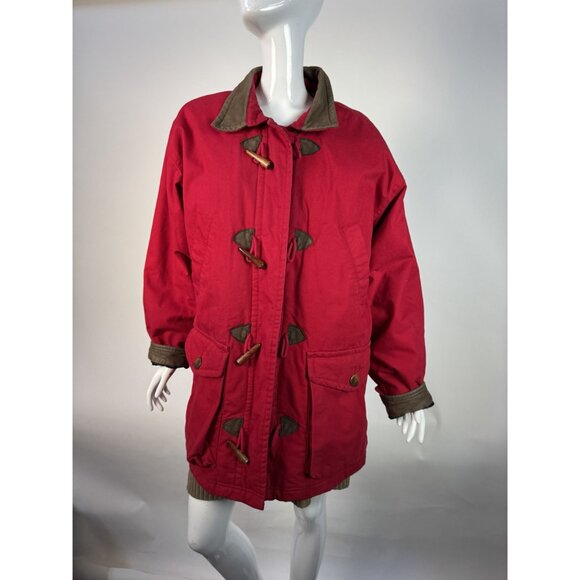 Lands End Womens Red Duffle Coat Medium 10/12 Genuine Leather Trim Vintage Style - Picture 14 of 16